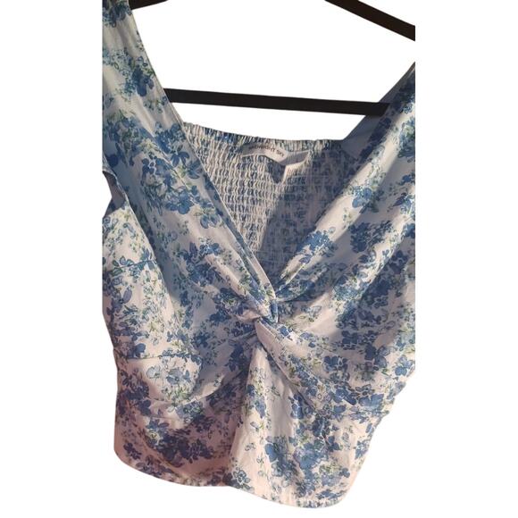 Midnight Sky Baby Doll Smocked Floral Blue White Top Linen Blend Women's Large - Picture 2 of 6